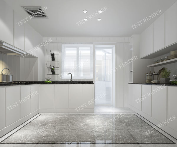 Modern Kitchen And Dining Room With Tile Floor 3D Model Modern Kitchen And Dining Room With Tile Floor 3D Model
