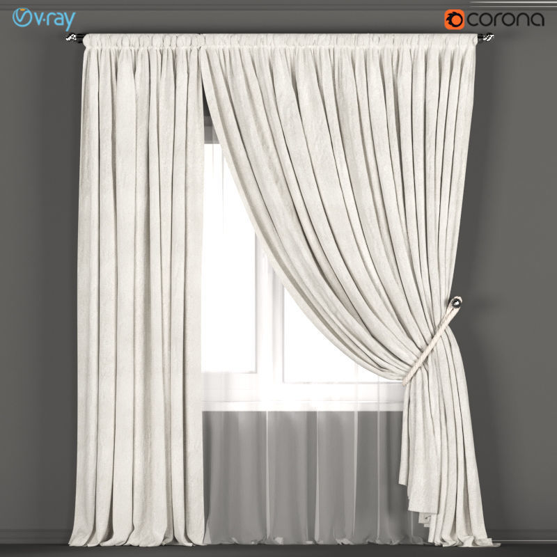 View of Neutral color velvet curtains with a garter on a rope with tulle 3D ...