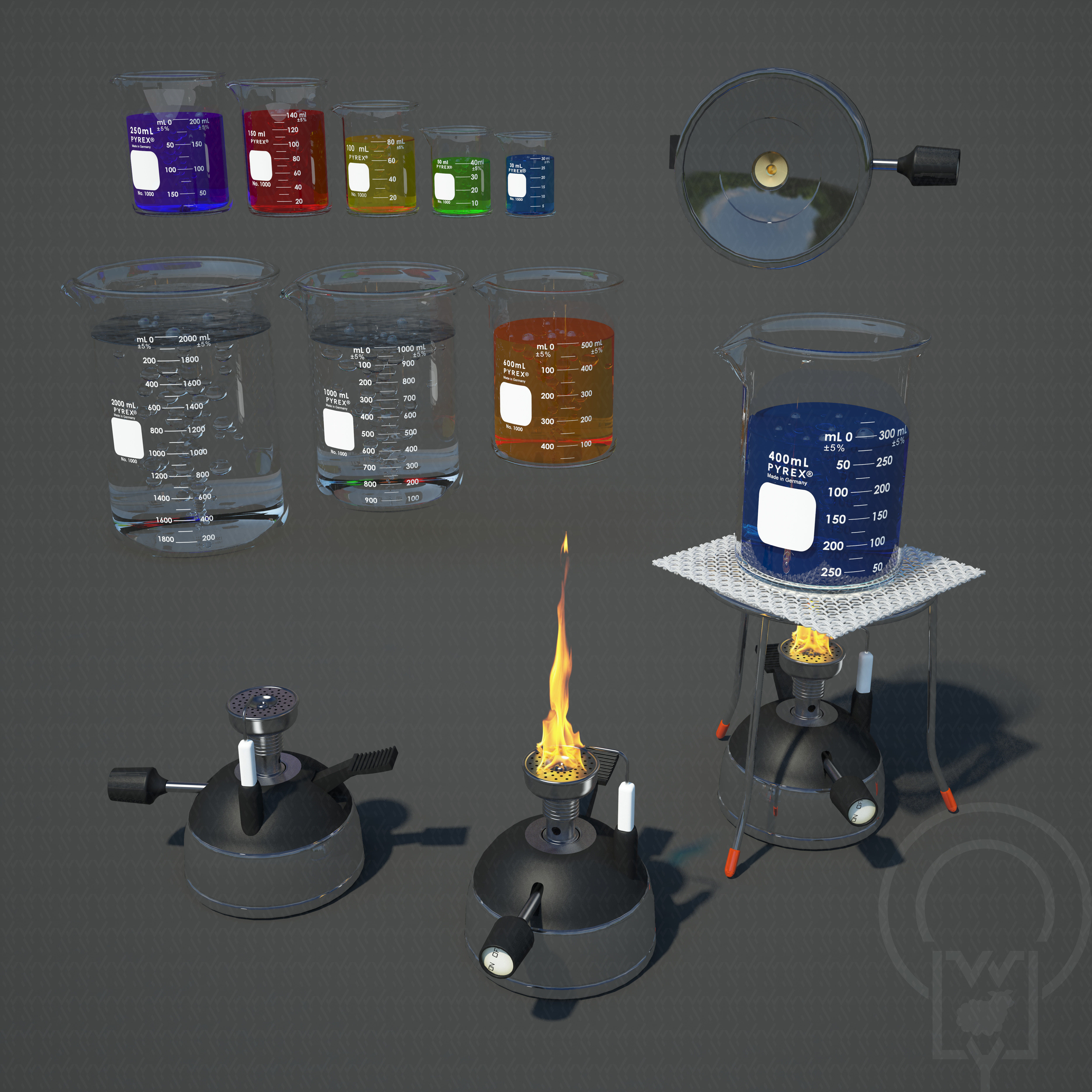 Portable Micro Lab Burner Tripod Beaker Chemistry set 3D model CGTrader