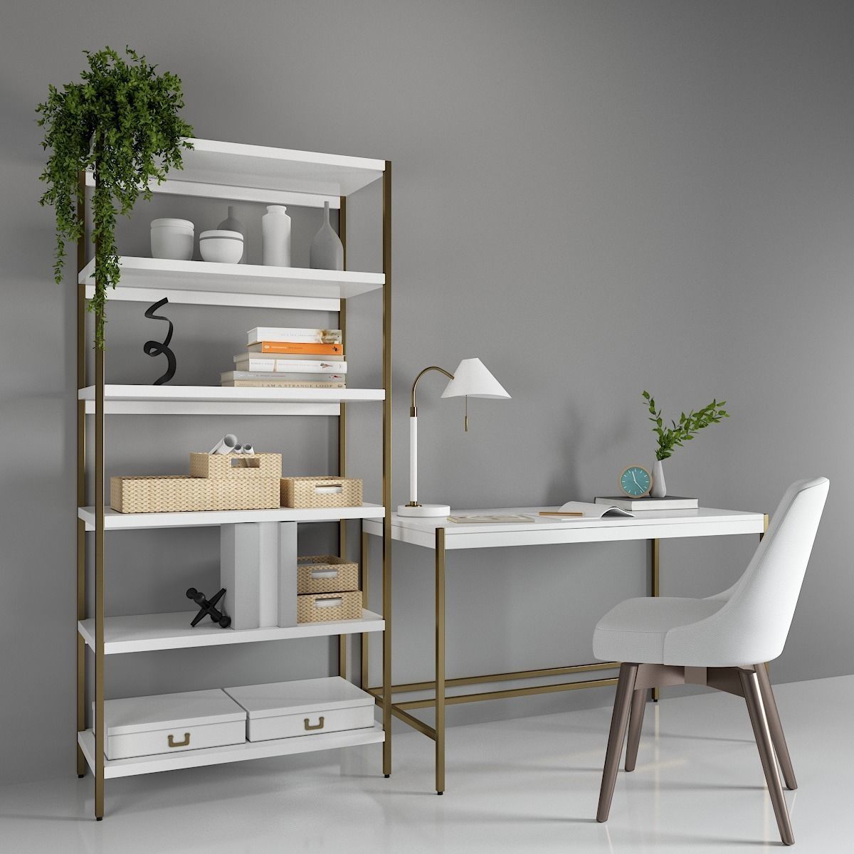 West Elm Zane Desk Wide Bookshelf Swivel Office Chair 3D model CGTrader