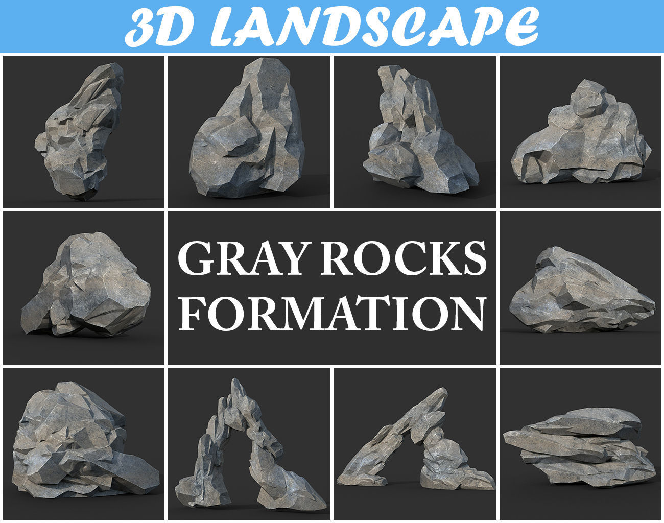 Low poly Gray Rock Formation Pack A-190421 3D Model Collection