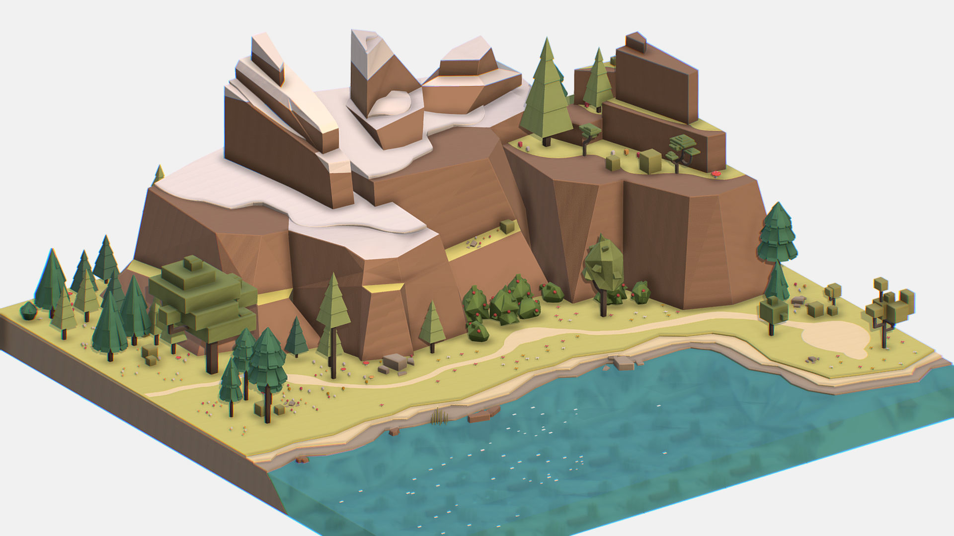 Isometric style lake summer mountain landscape