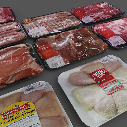 3D model Meat sausage poultry chicken beef lamb packs for shop VR / AR
