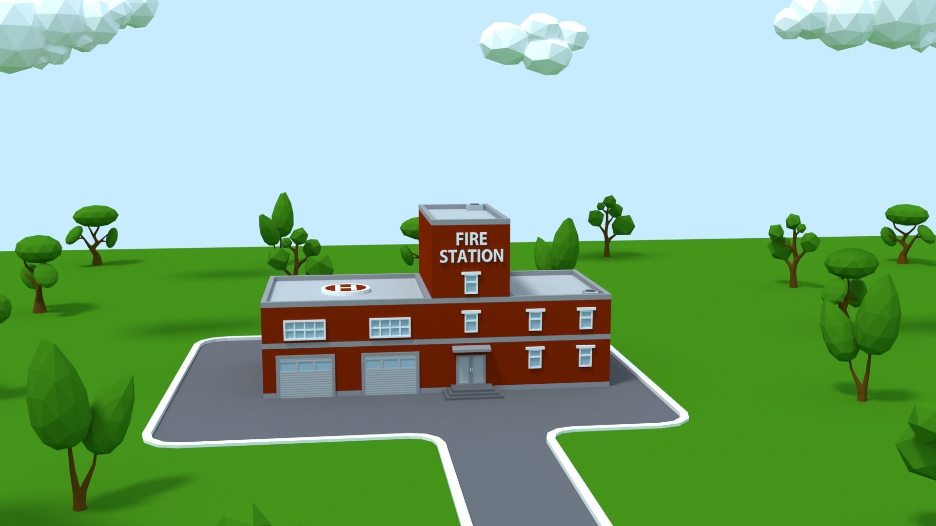 Cartoon Low Poly Fire Station Low-poly 3D model