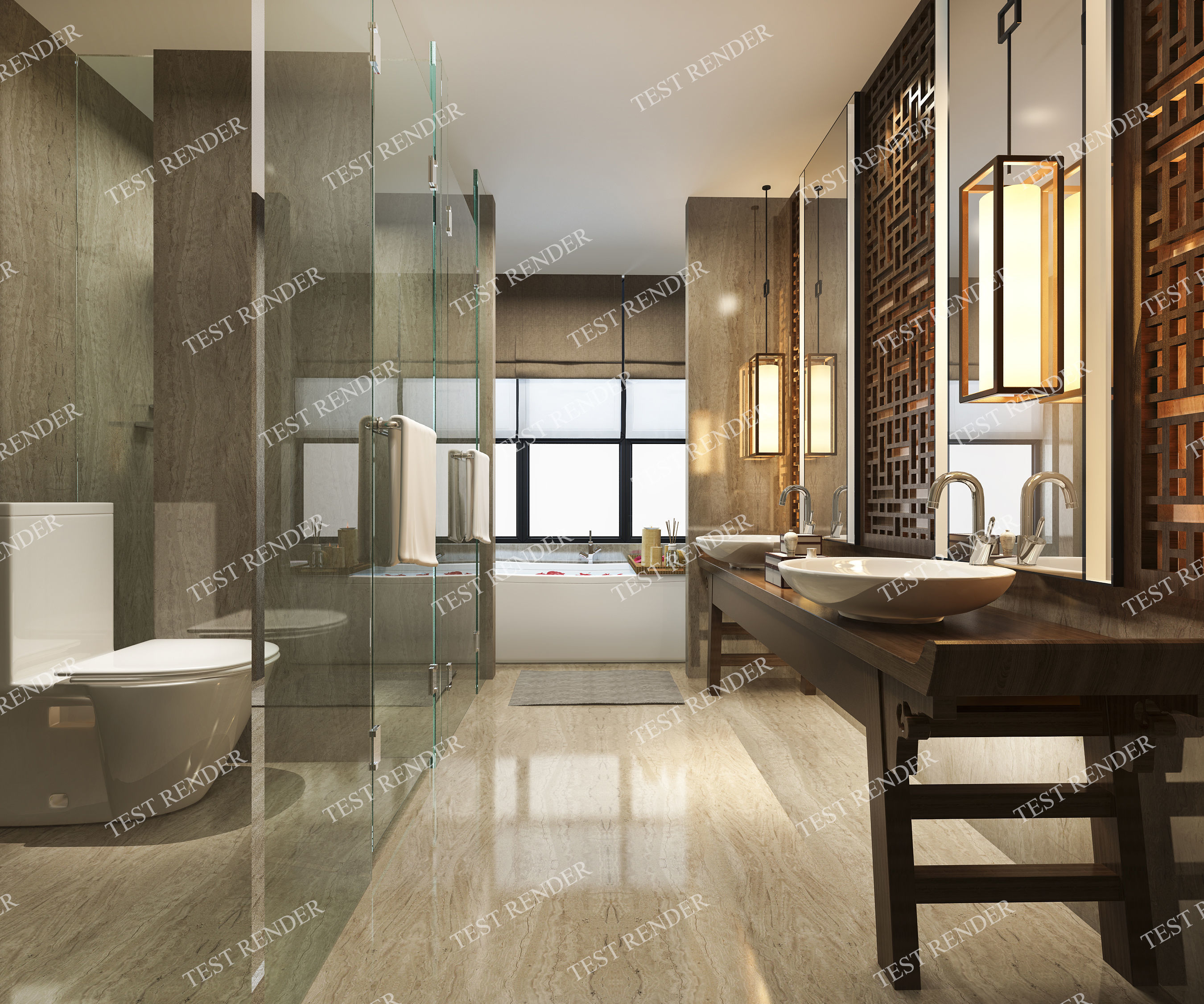 Modern luxury chinese decor and marble toilet and 3D