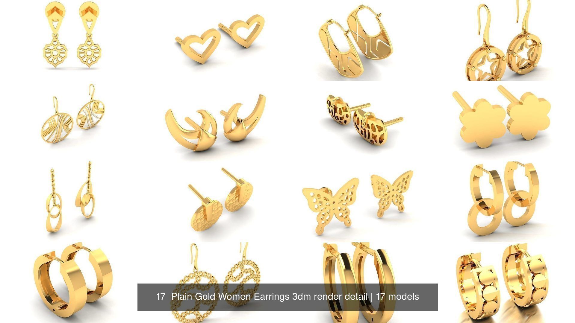 17 Plain Gold Women Earrings 3dm render detail