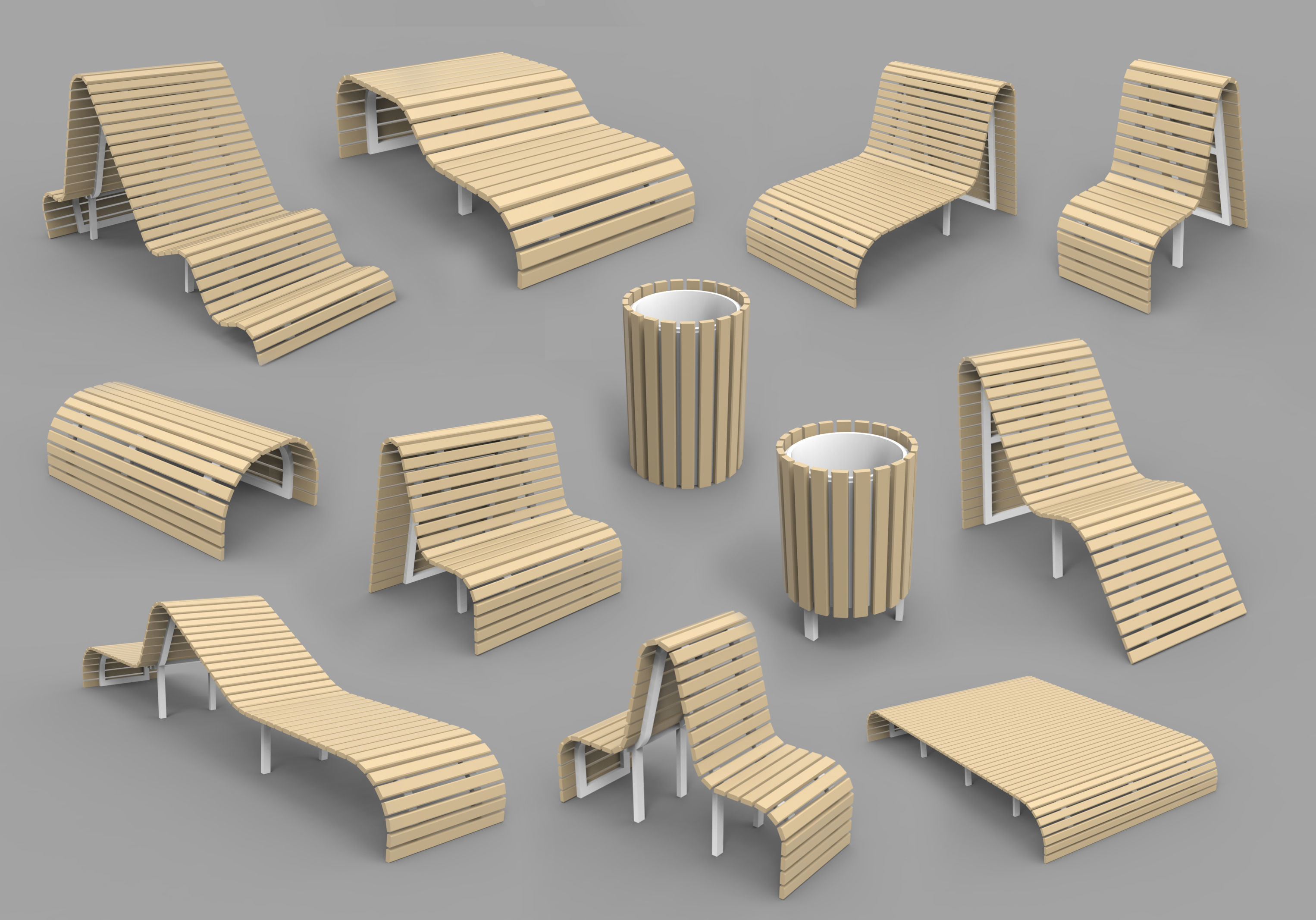 ambient Wooden Benches family and recycle bin 3D CGTrader