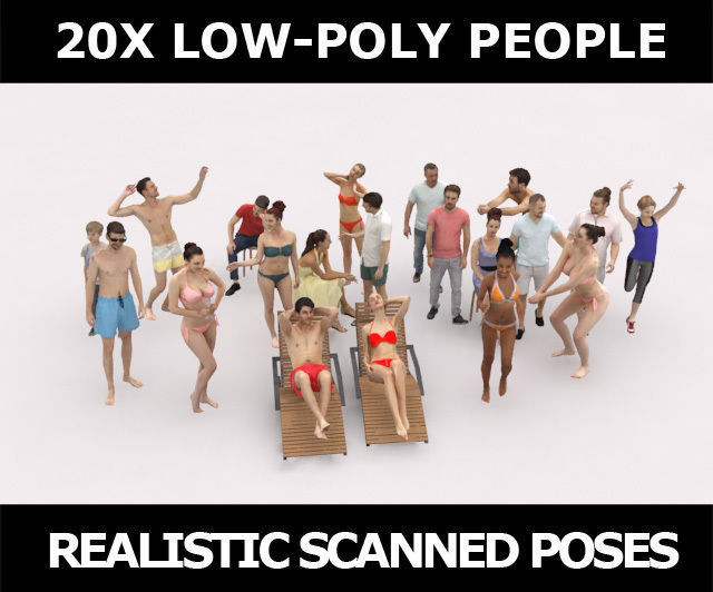 20x 3D PEOPLE LOW POLY SPORT SPORTS BEACH SUMMER PEOPLE CROWDS