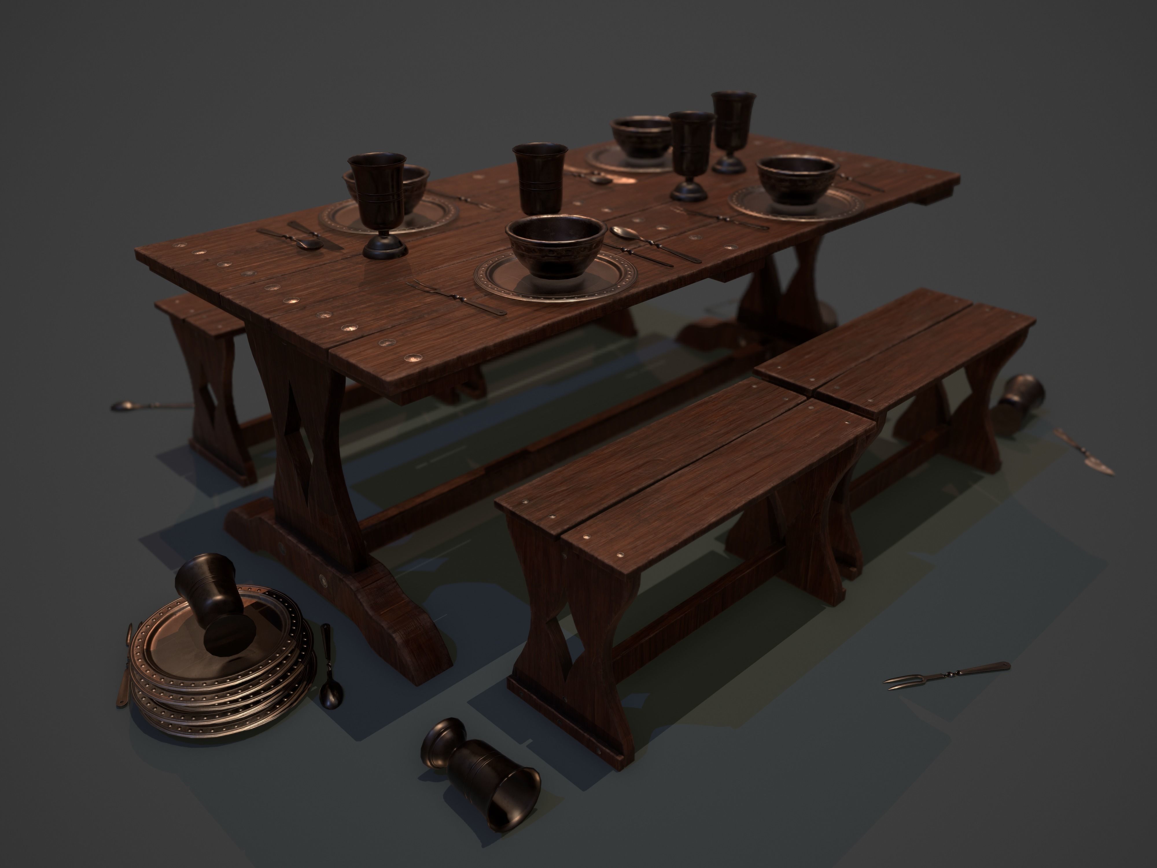 Medieval Dining Set Low-poly 3D model