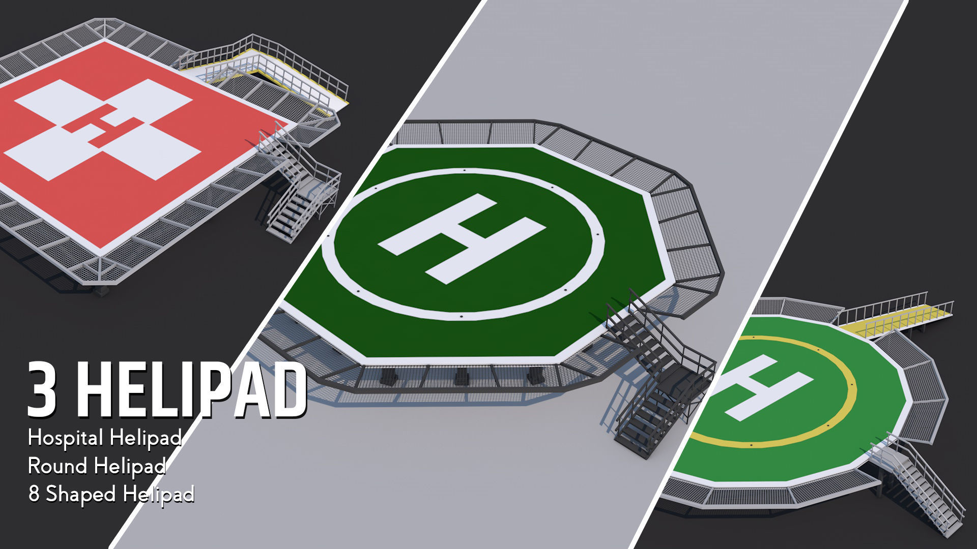 3D model 3 Helipad Rooftop Elements VR / AR / lowpoly CGTrader