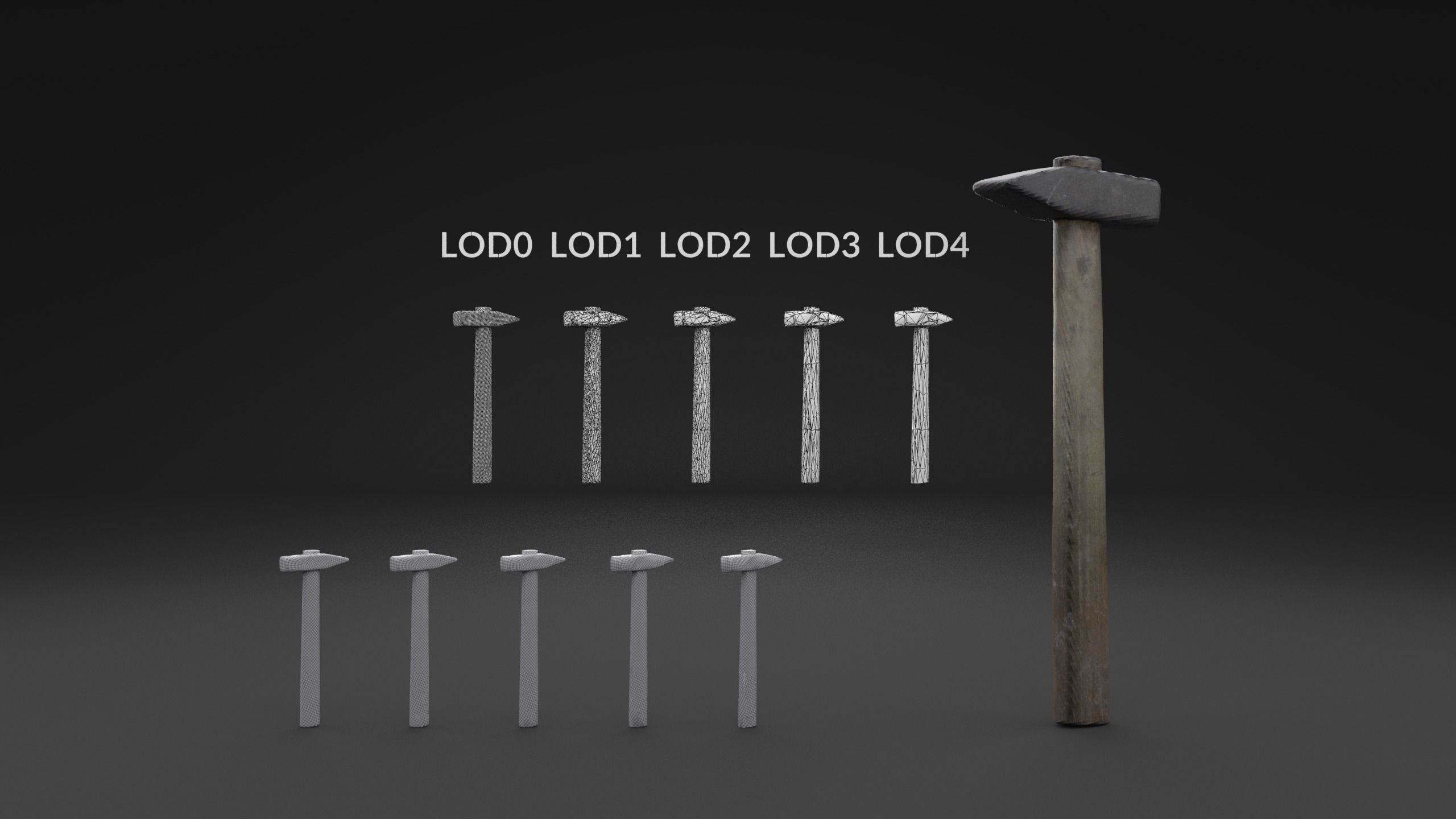 Scanned Old Damaged Hammer LOW POLY LODs