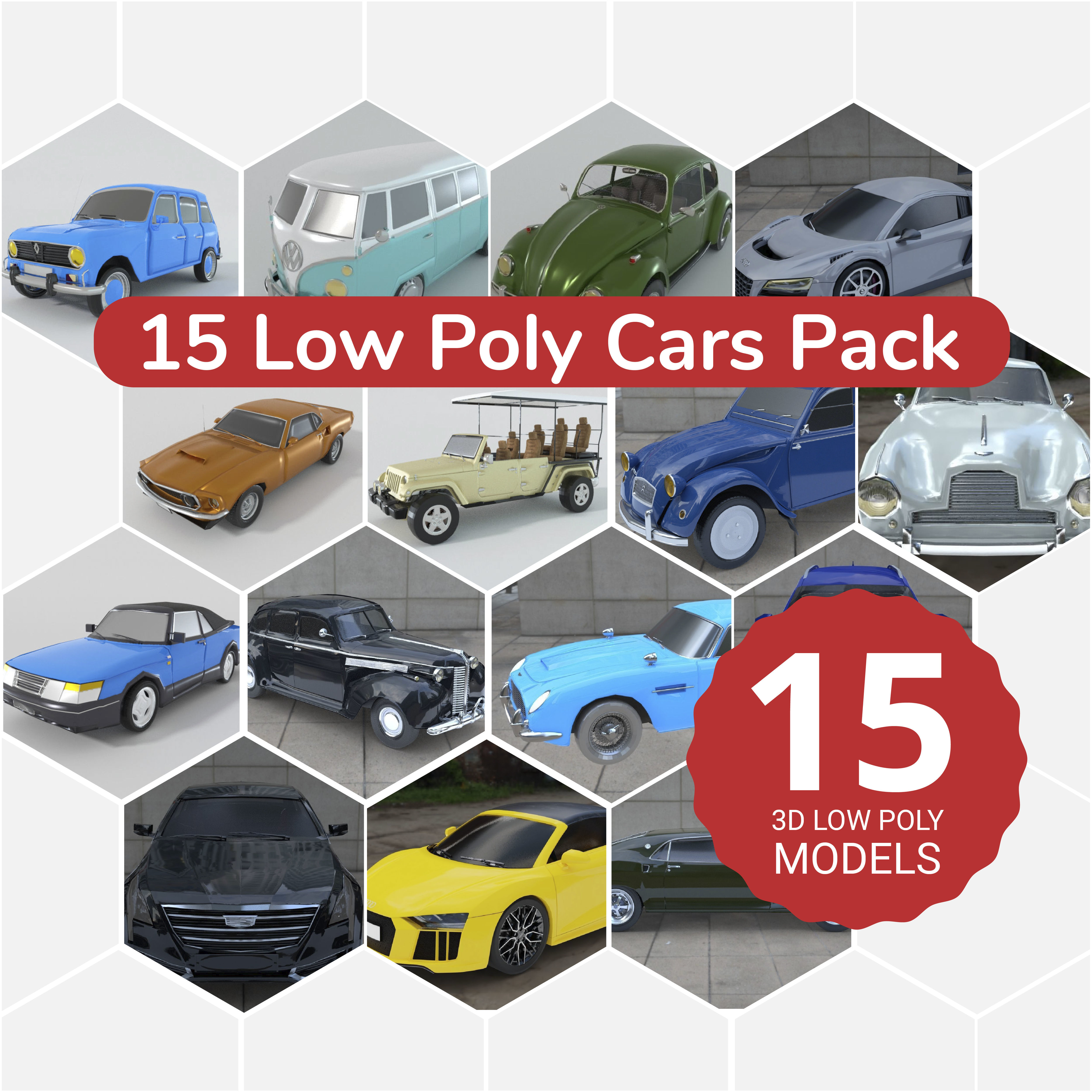 15 Cars Pack 3d lowpoly Collection