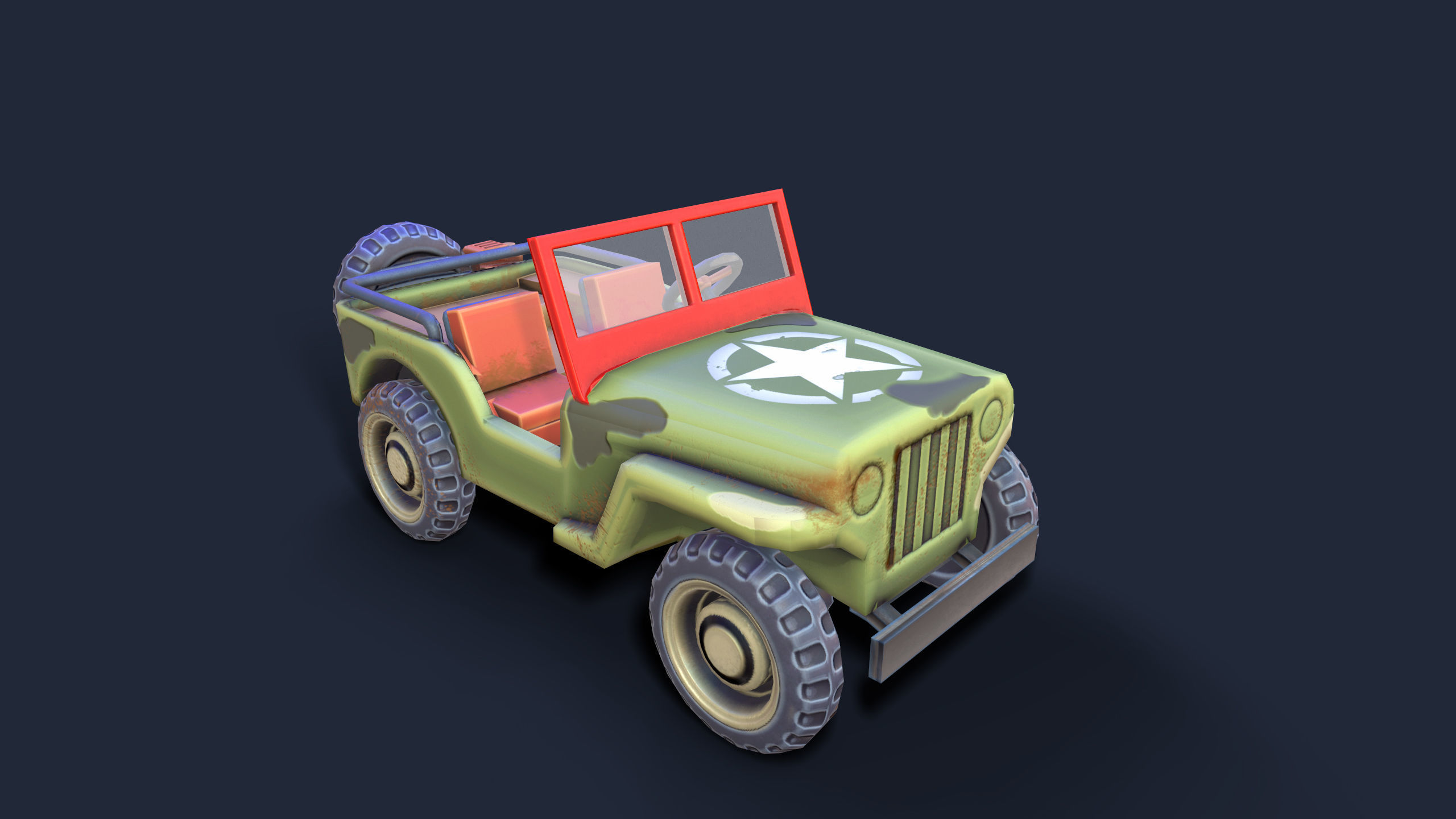 Lowpoly cartoon PBR WW2 army jeep vehicle