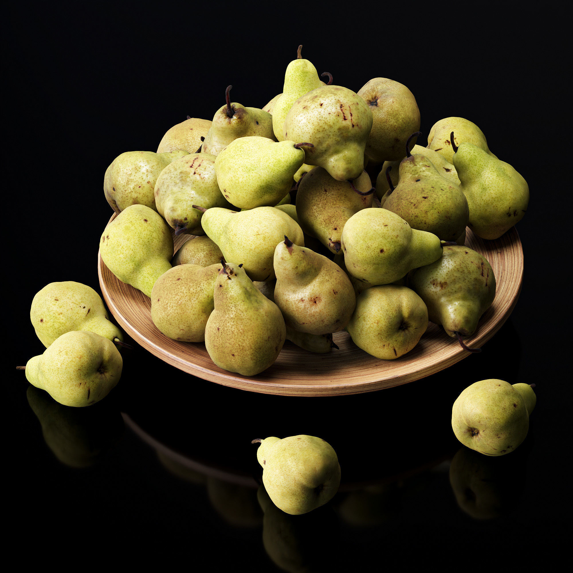 Pakham pears in a wooden fruit bowl