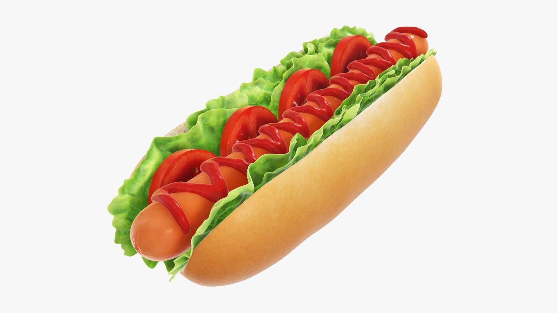 Hot dog with ketchup salad and tomato