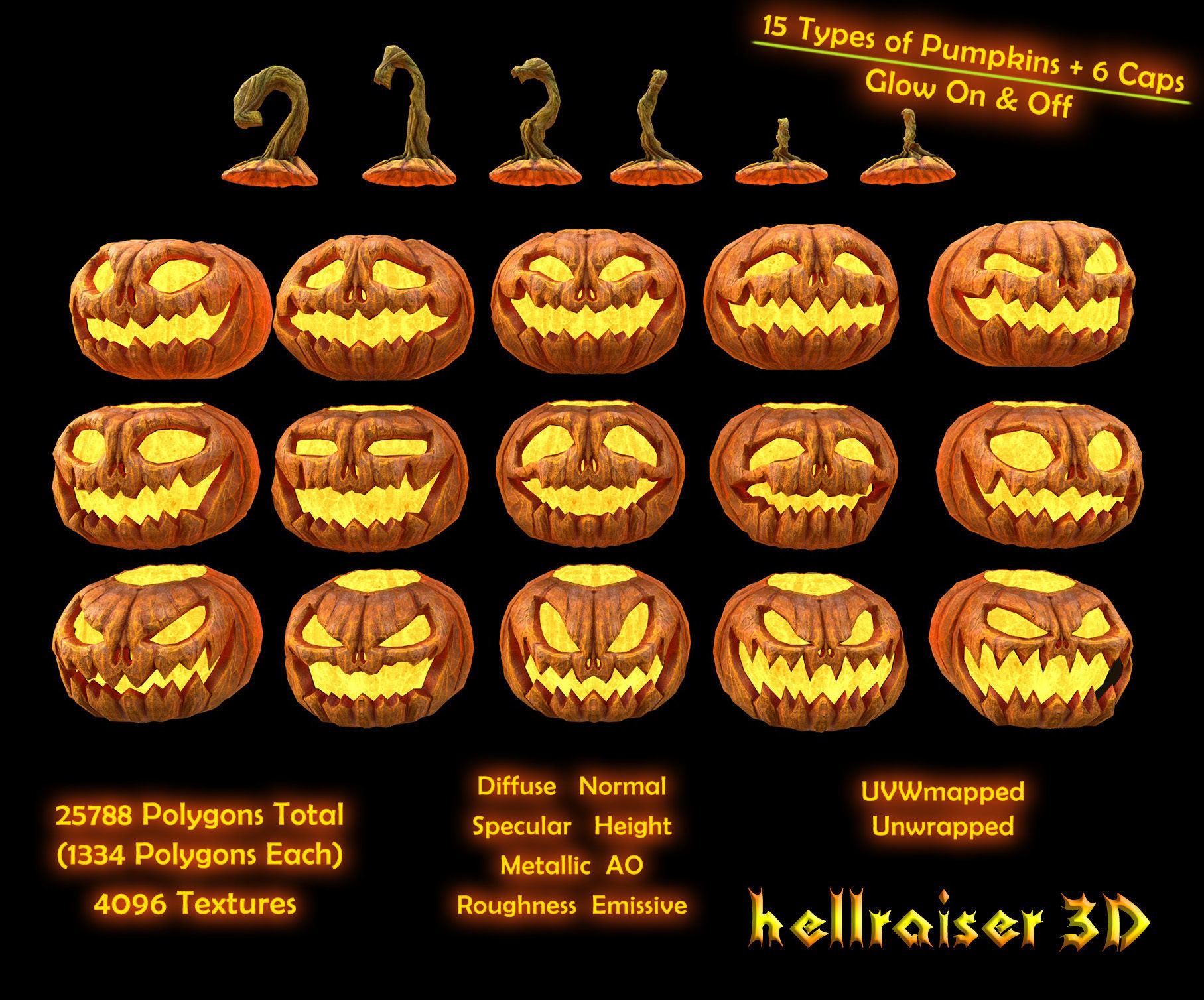 Pumpkins Set - PBR - Textured - Glow On Off
