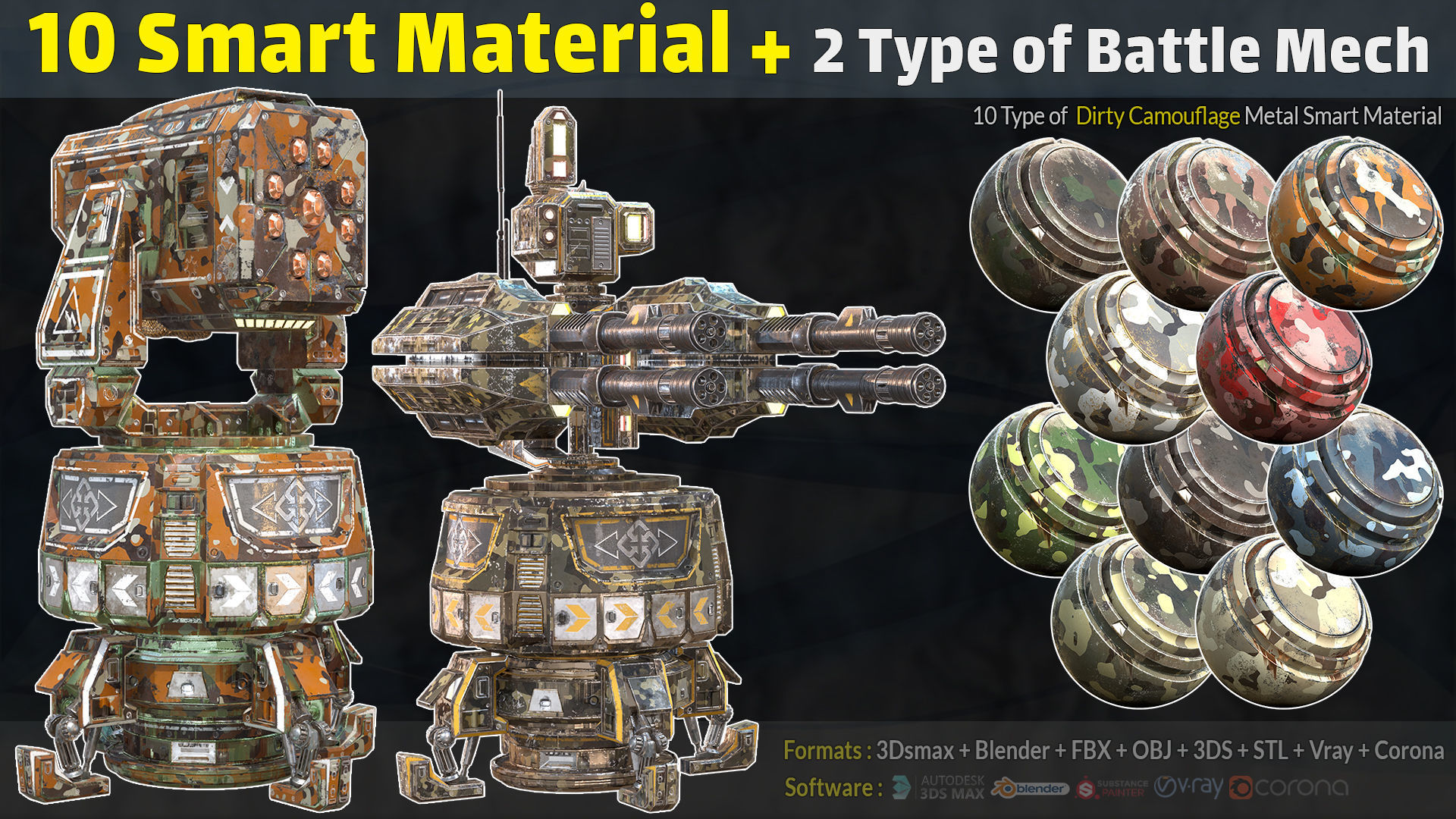 10 Camouflage Smart Material - 2Type of Battle Mech Low-poly 3D model