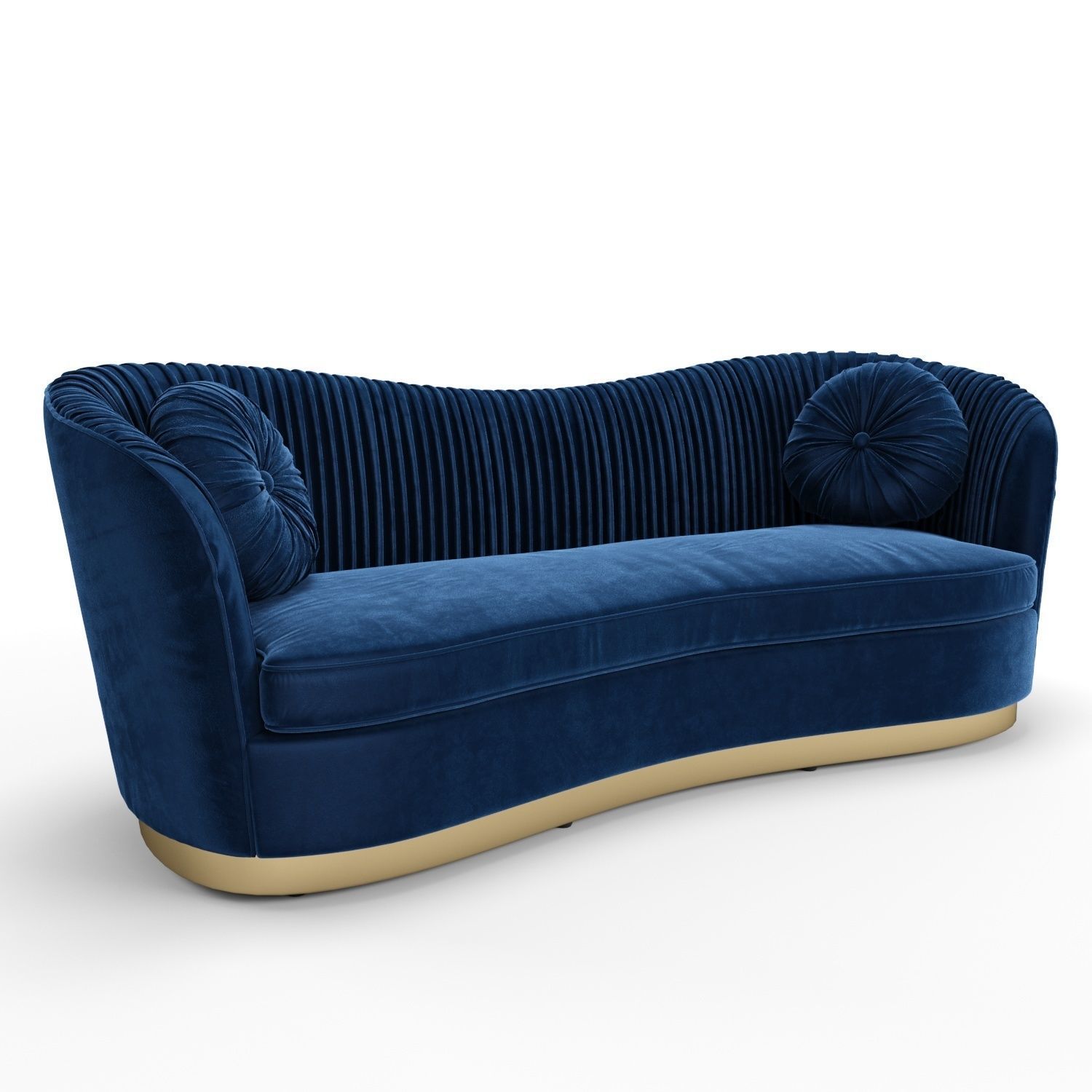 Glam Royal Blue Velvet Fabric Upholstered Sofa 3D