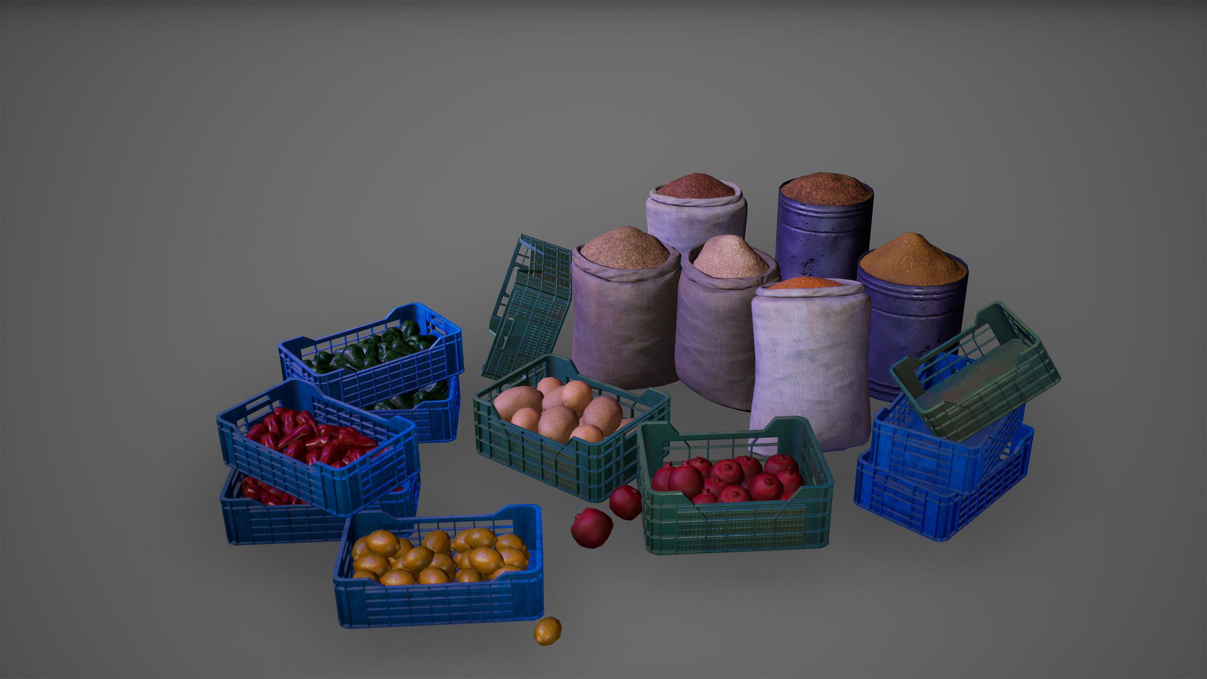 3D model Groceries Set Vegetable Fruit Basket Game Ready VR / AR / low