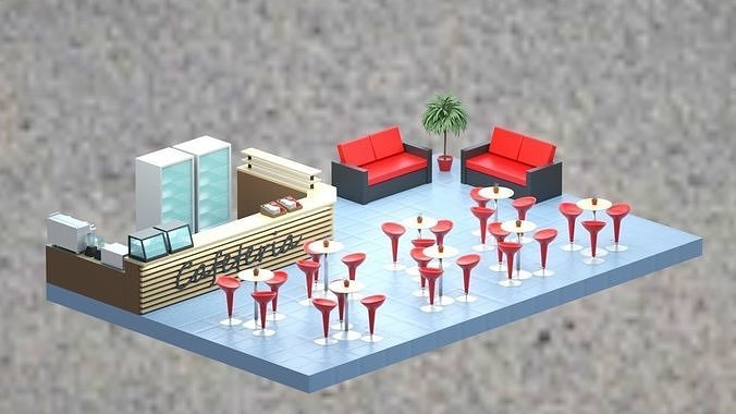 Low-poly isometric cafe zone with seats Low-poly 3D model
