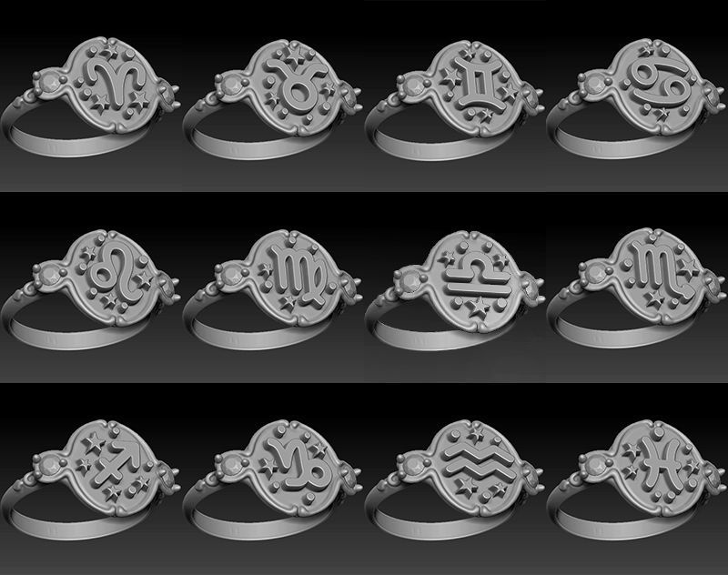 Zodiac signs ring set 3D model for printing Horoscope jewelry
