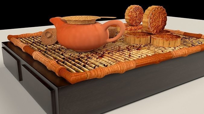 Chinese moon cake with tea set 3D model