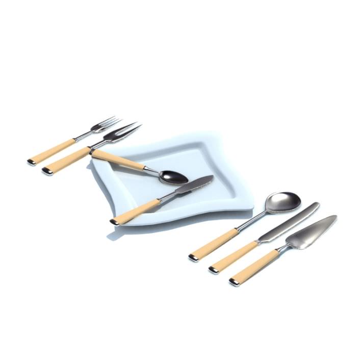 Complete Cutlery Set With A Blue Plate 3D model CGTrader
