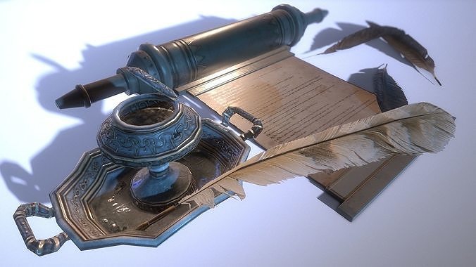 Fountain pen with inkwell PBR Low-poly 3D model