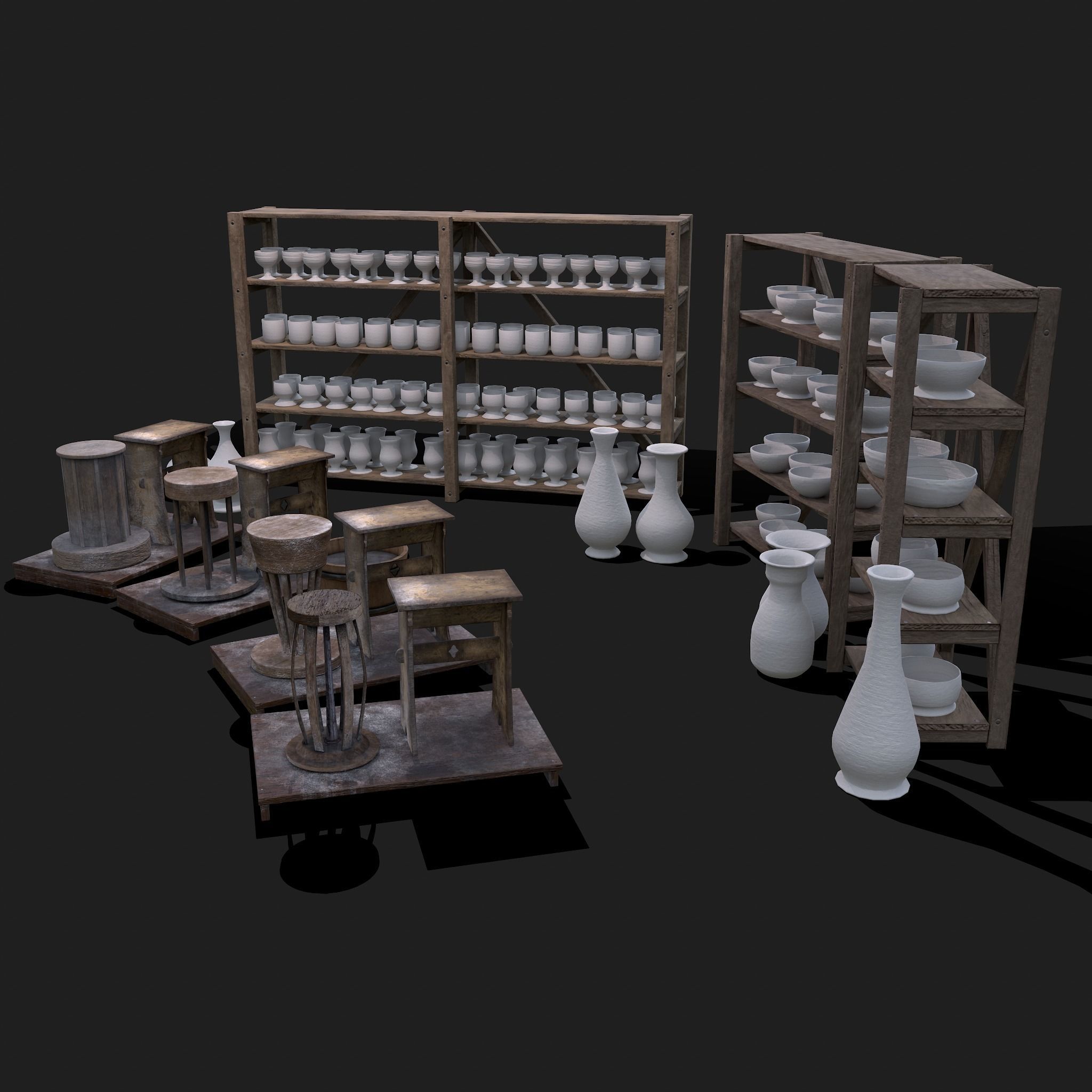 Full Pottery Shelves and Wheels Collection VR / AR / lowpoly CGTrader