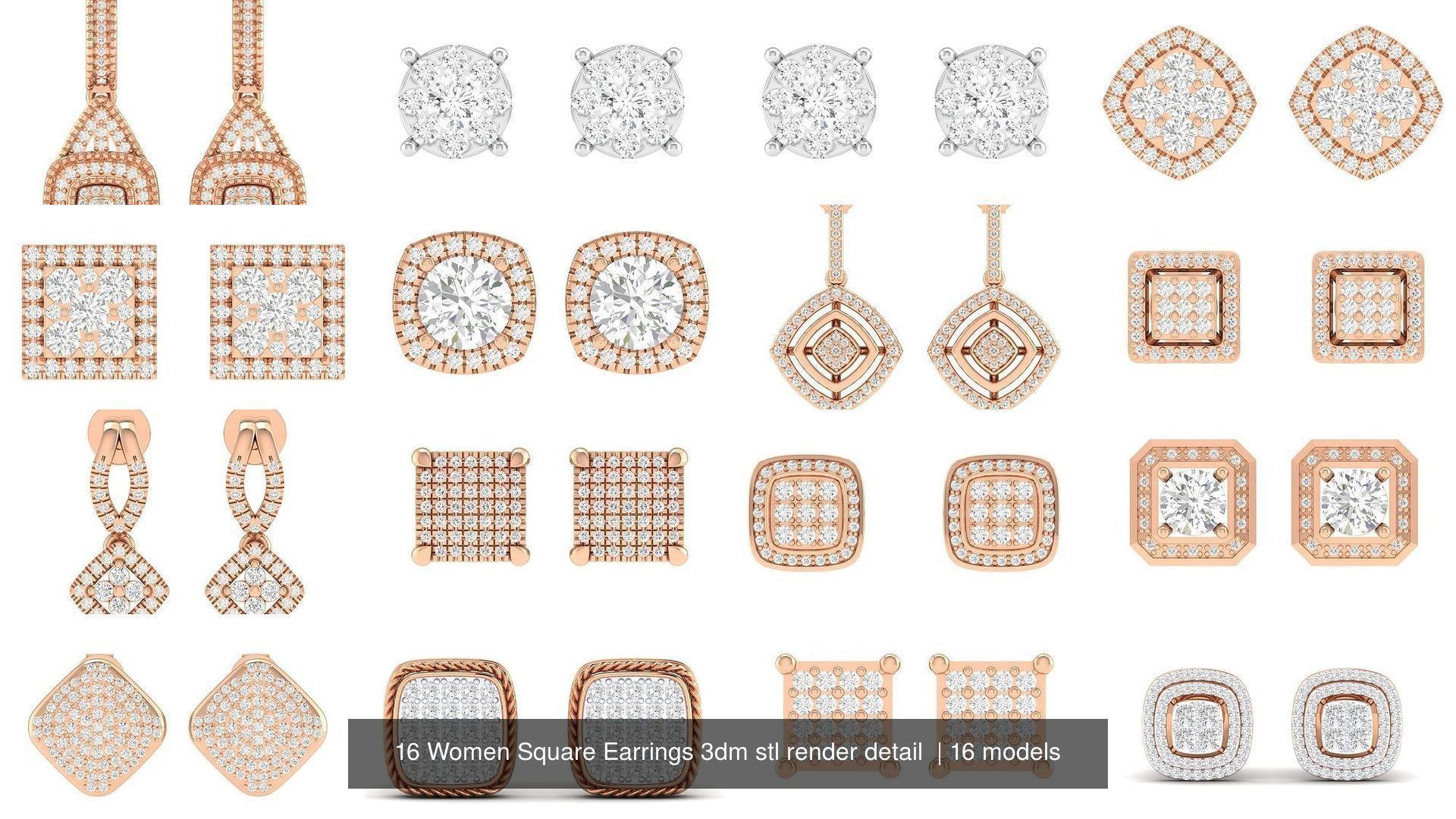 15 Women Square Earrings 3dm stl render detail