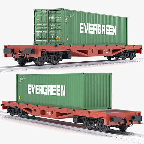 Flat Rail Car Evergreen Shipping Container 3D model | CGTrader
