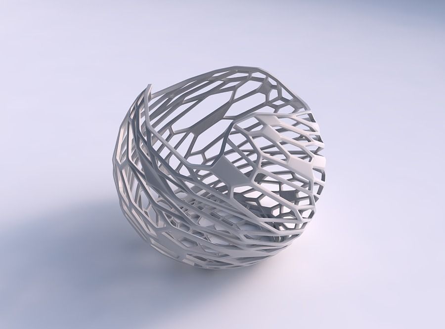 Bowl spheric wavy with faceted and twisted organic lattice 3D print model