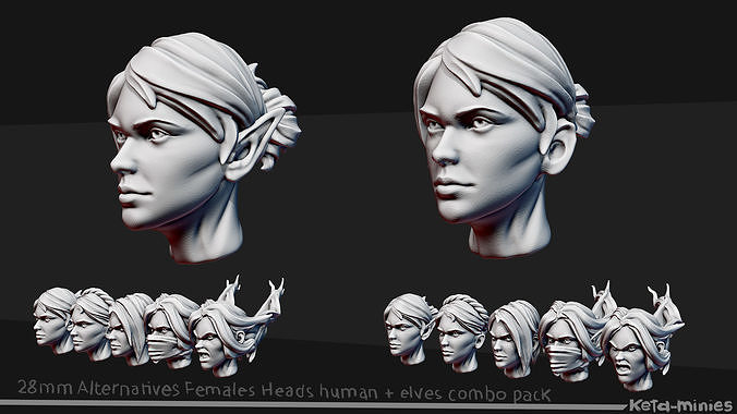 Alternatives Females Heads Pack 28mm human And Elves 3D Model 3D 