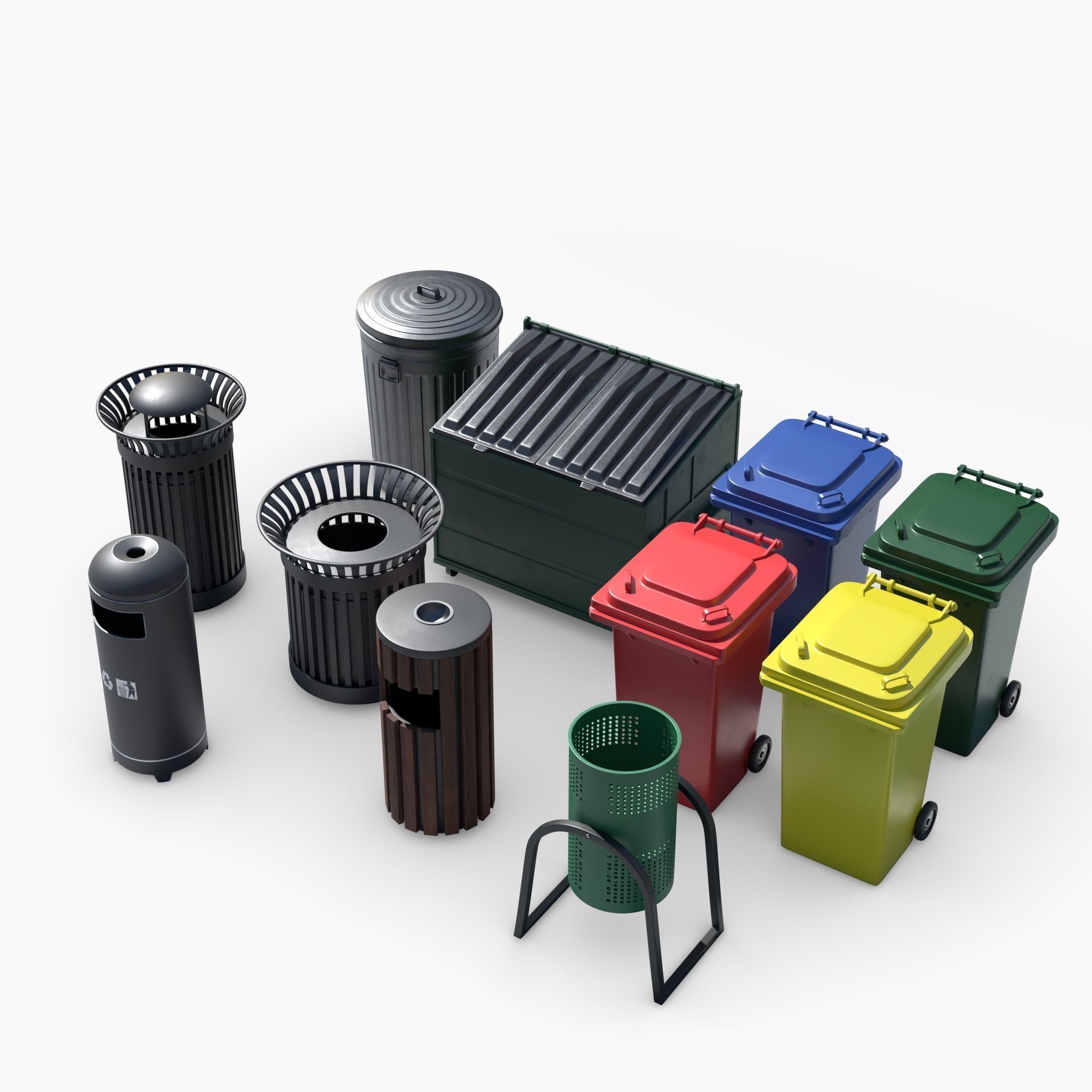 Trashcan Set recycling bin on wheels 3D model rigged CGTrader
