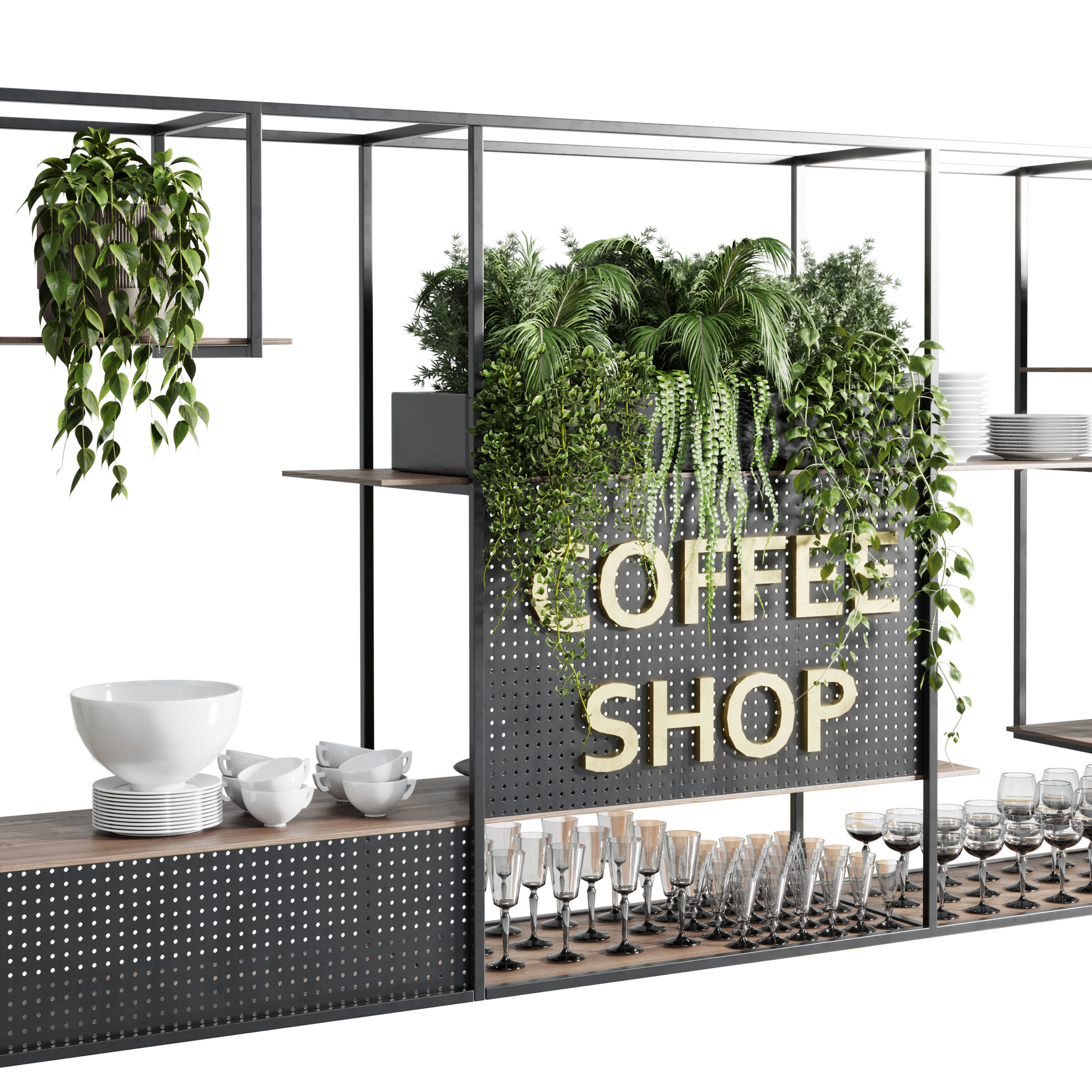 Coffee shop reception Restaurant counter by hanging plant 3D model