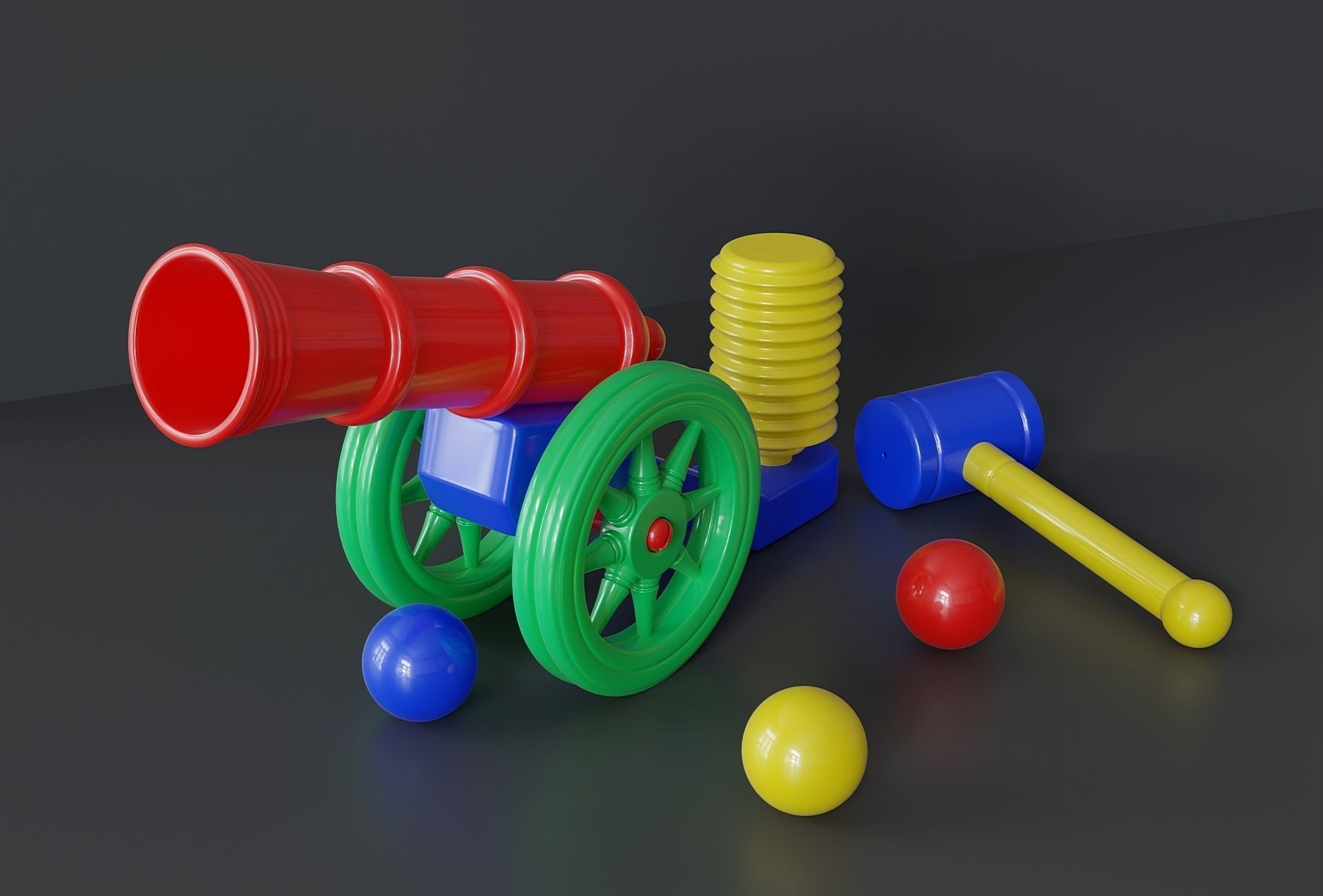 Childrens plastic toy Cannon with hammer and colored balls 3D model