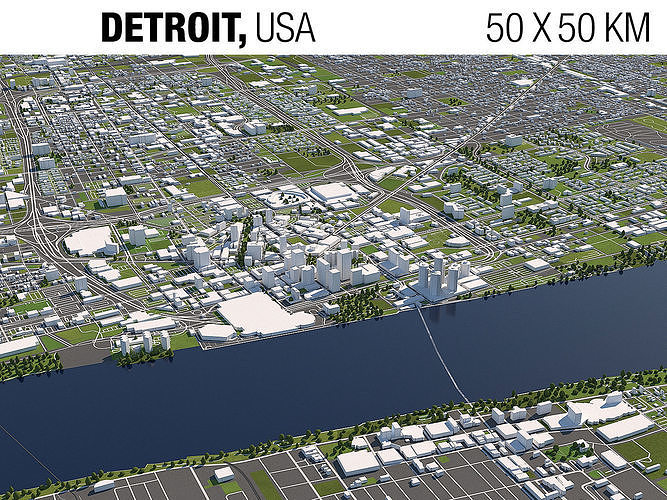 Detroit 50x50km 3D City Map Model 3D model CGTrader