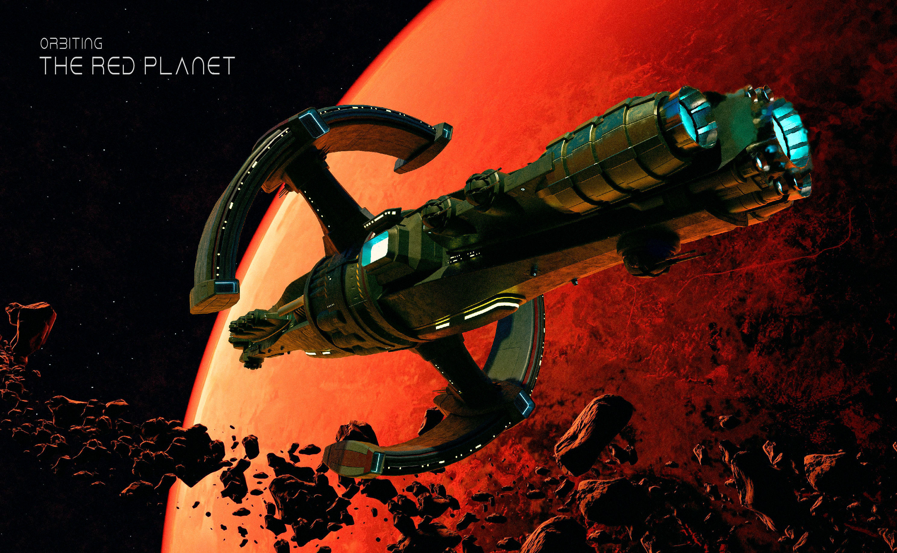 Spaceship with rotating central hub and artifical gravity 3D model