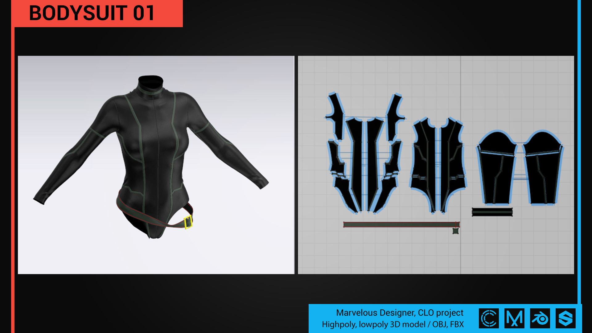 3D model Bodysuit Marvelous Designer CLO project VR / AR / low-poly ...