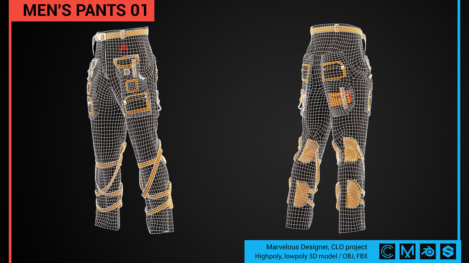 3D model Men pants Marvelous Designer CLO project VR / AR / low-poly ...