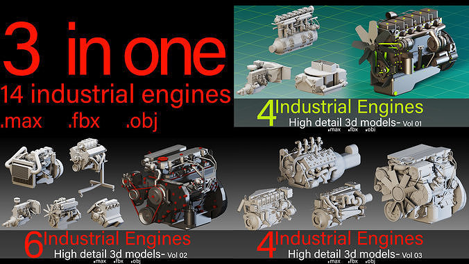 3D model 3 in one-14 Industrial Engines- High detail 3d models VR / AR ...