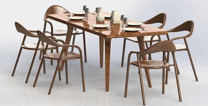 Dining table with chairs and dishes 3D model | CGTrader