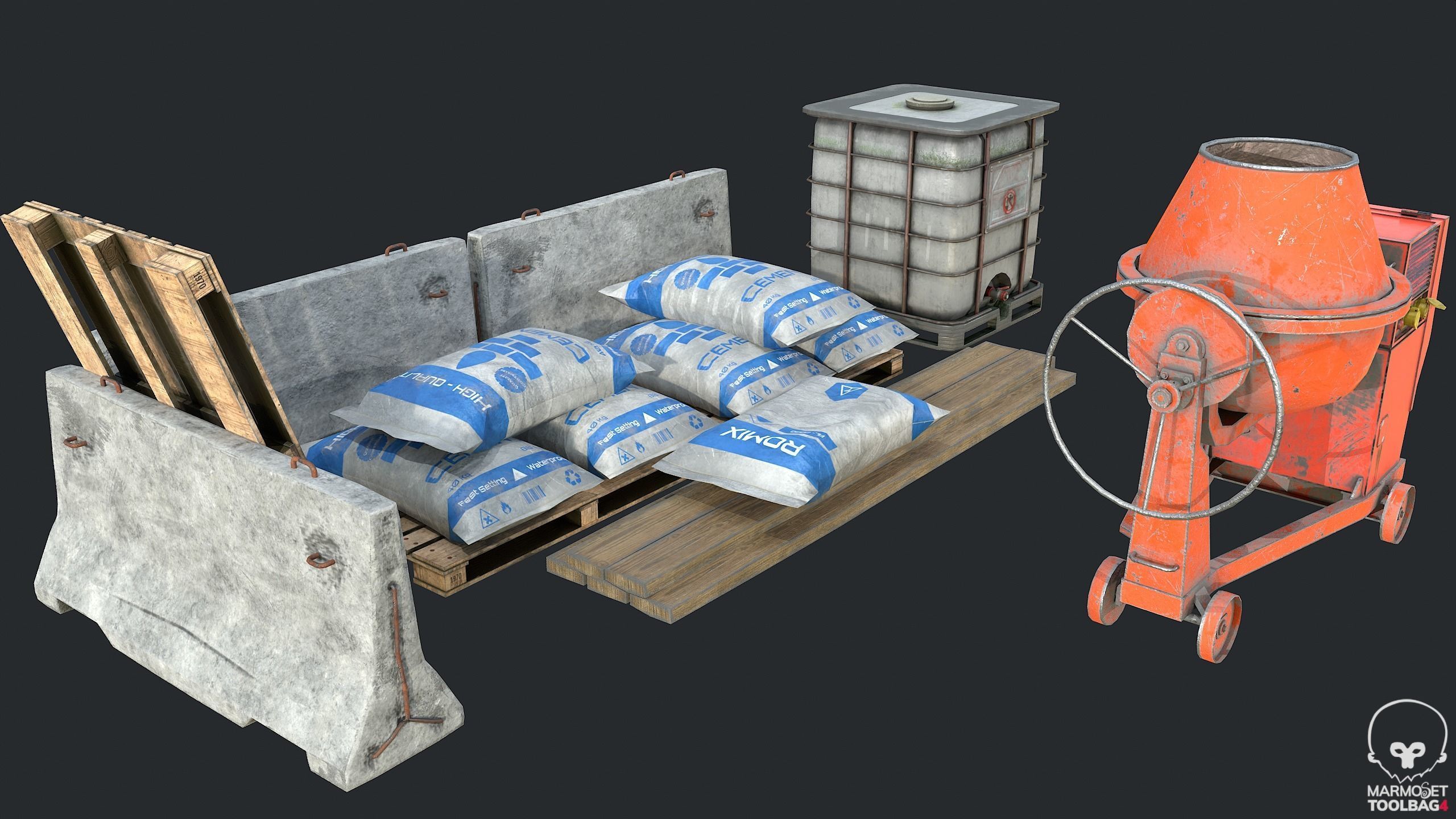 3D model Concrete Mixer Water Tank PalletCement Bag Concrete