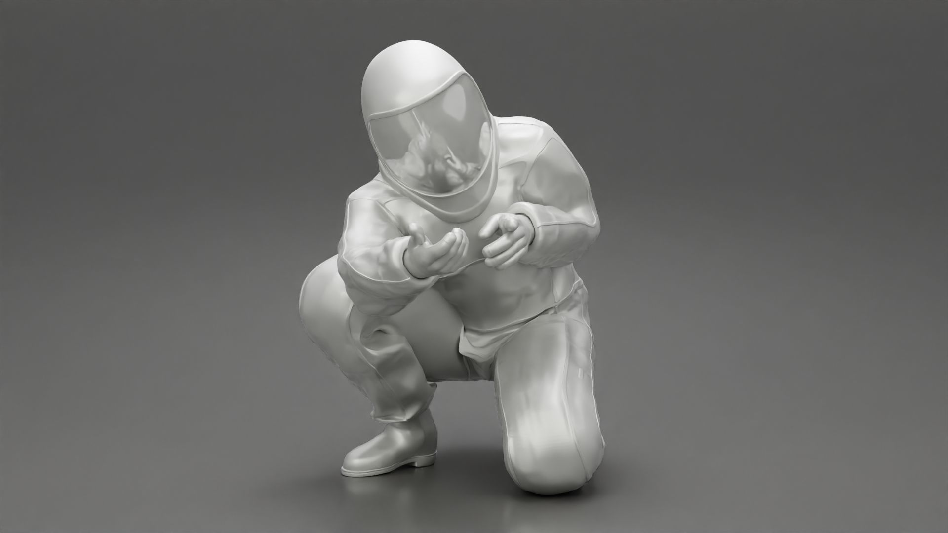 Scientist wearing radiation protection suit sitting 3D model 3D