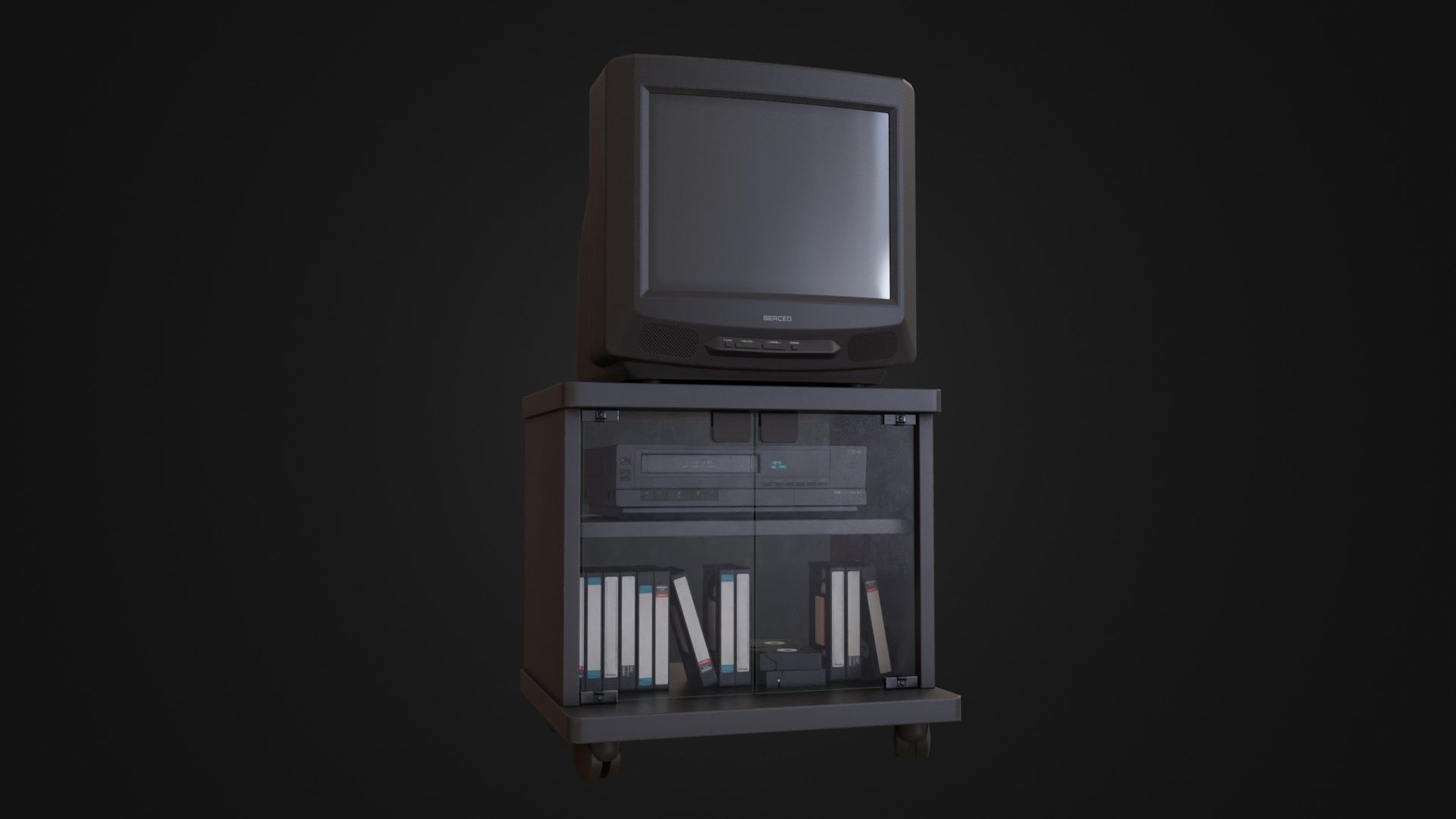 3D model CRT Television with TV stand VCR player and VHS tapes VR / AR