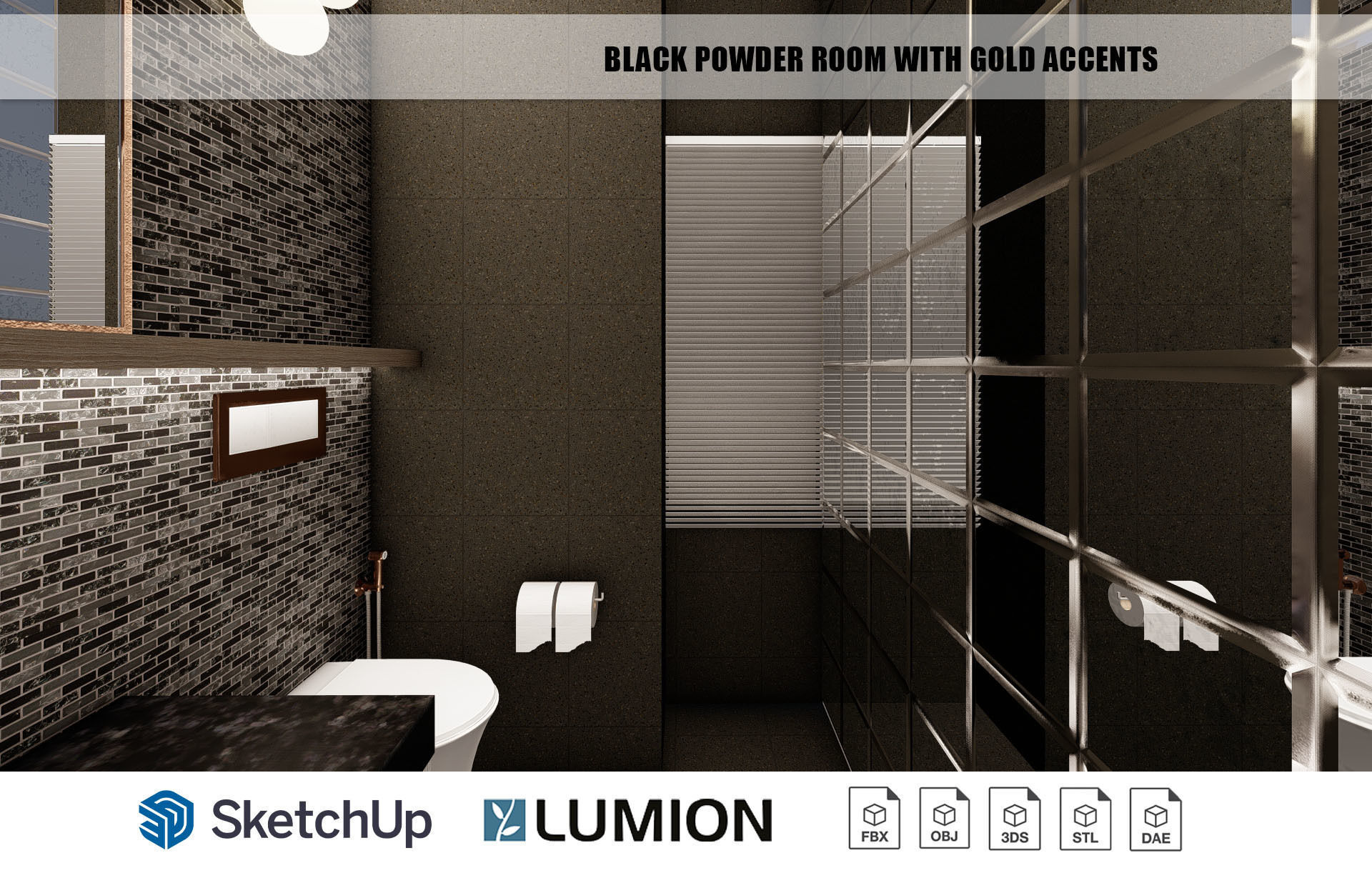 Black powder room with gold accents interior scene 3D model CGTrader