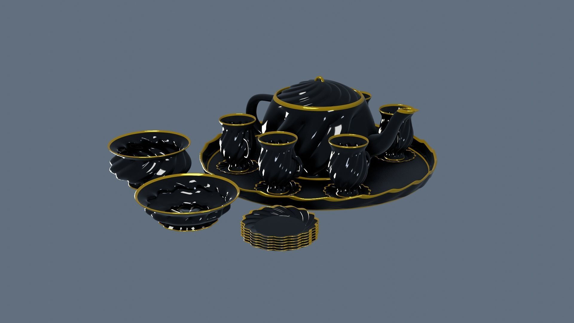 Black Porcelain Tea Set 3D model CGTrader