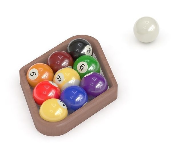 9 billiard balls in random position with rack and cue ball 3D model