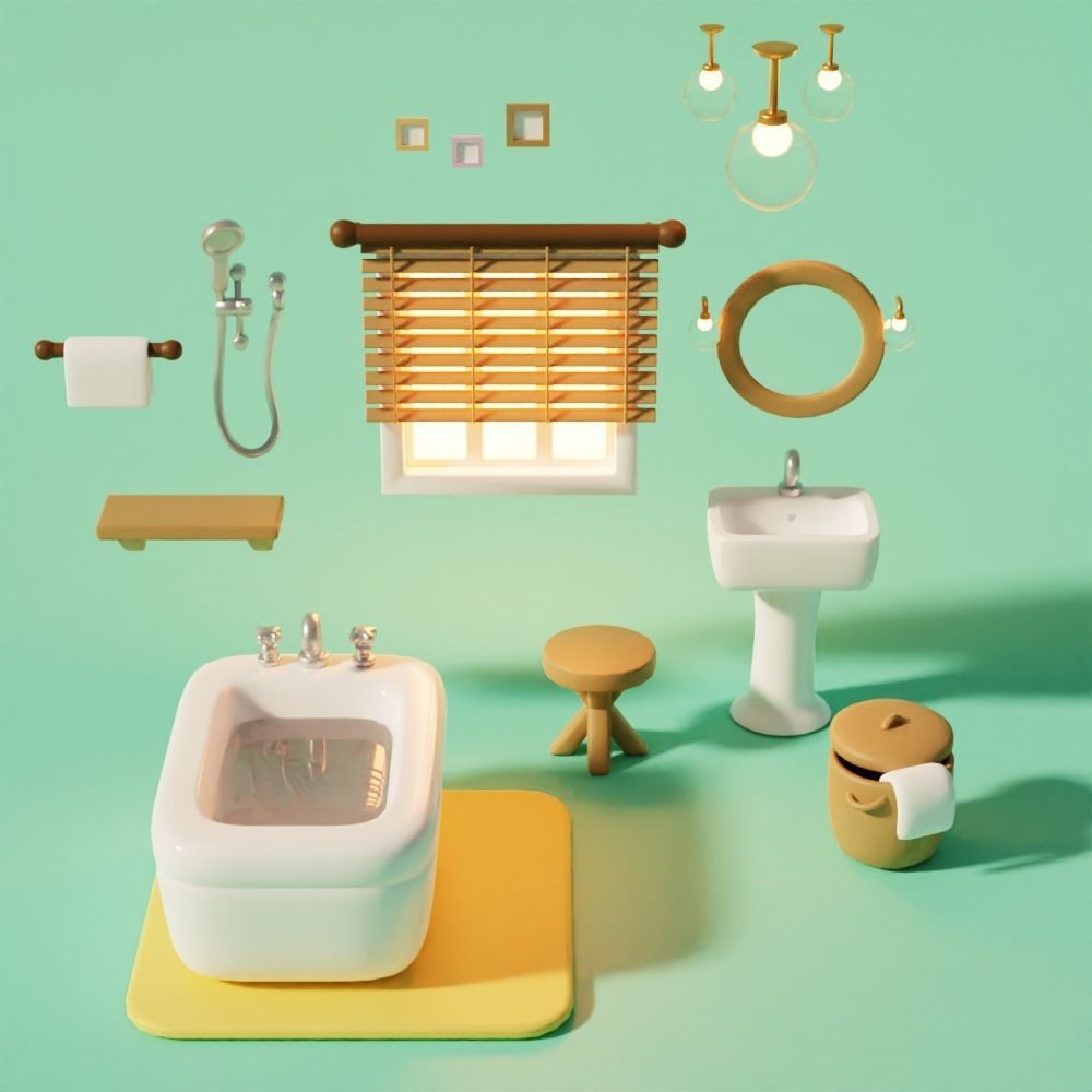 3D model Interior Bathroom with Furniture and Bathroom Item Pack VR