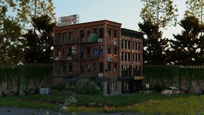 Post apocalyptic abandoned brick building 3D model | CGTrader
